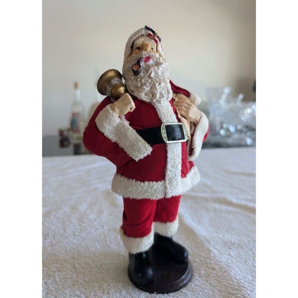Vintage Santa Claus Figurine Pipe Horn Toy Sack Christmas Holiday Decor